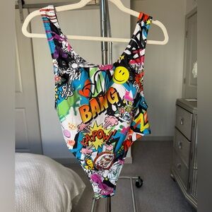 Colorful Graphic One-Piece Graffiti Swimsuit Size Small
